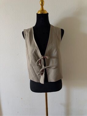 Zara Taupe Linen Tie-Front Vest with Bead Accents